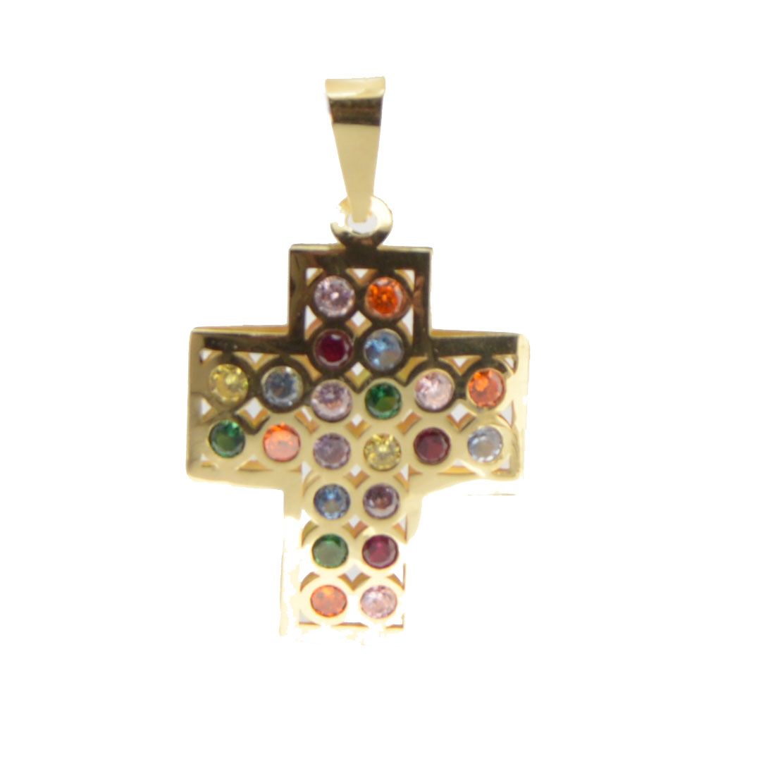 18K GOLD CROSS PENDANT UNISEX WITH COLORED ZIRCONS 222M