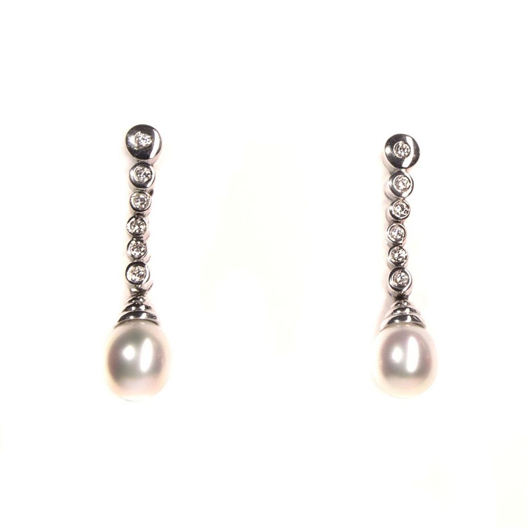 PENDIENTE LARGO MUJER ORO BLANCO 18K PERLAS Y BRILLANTES 388