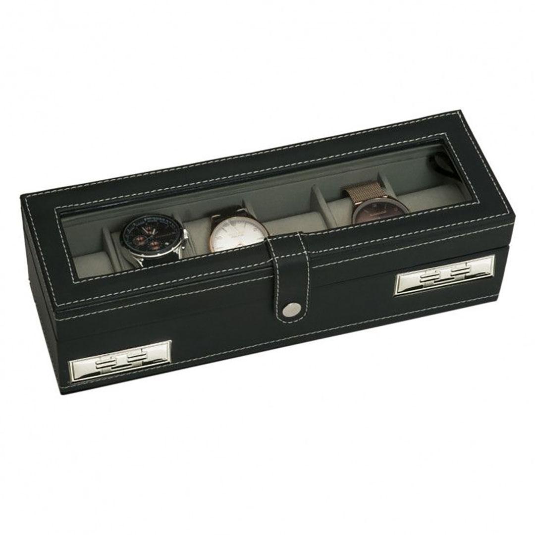 REGALO CAJA 6 RELOJES NEGRO VENTANA 30X11X9 GA2001
