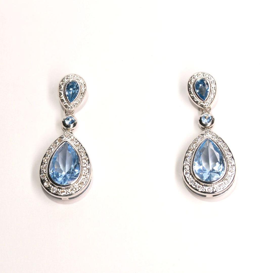 PENDIENTE LARGO MUJER ORO BLANCO 18K CON CIRCONITAS Y PIEDRA