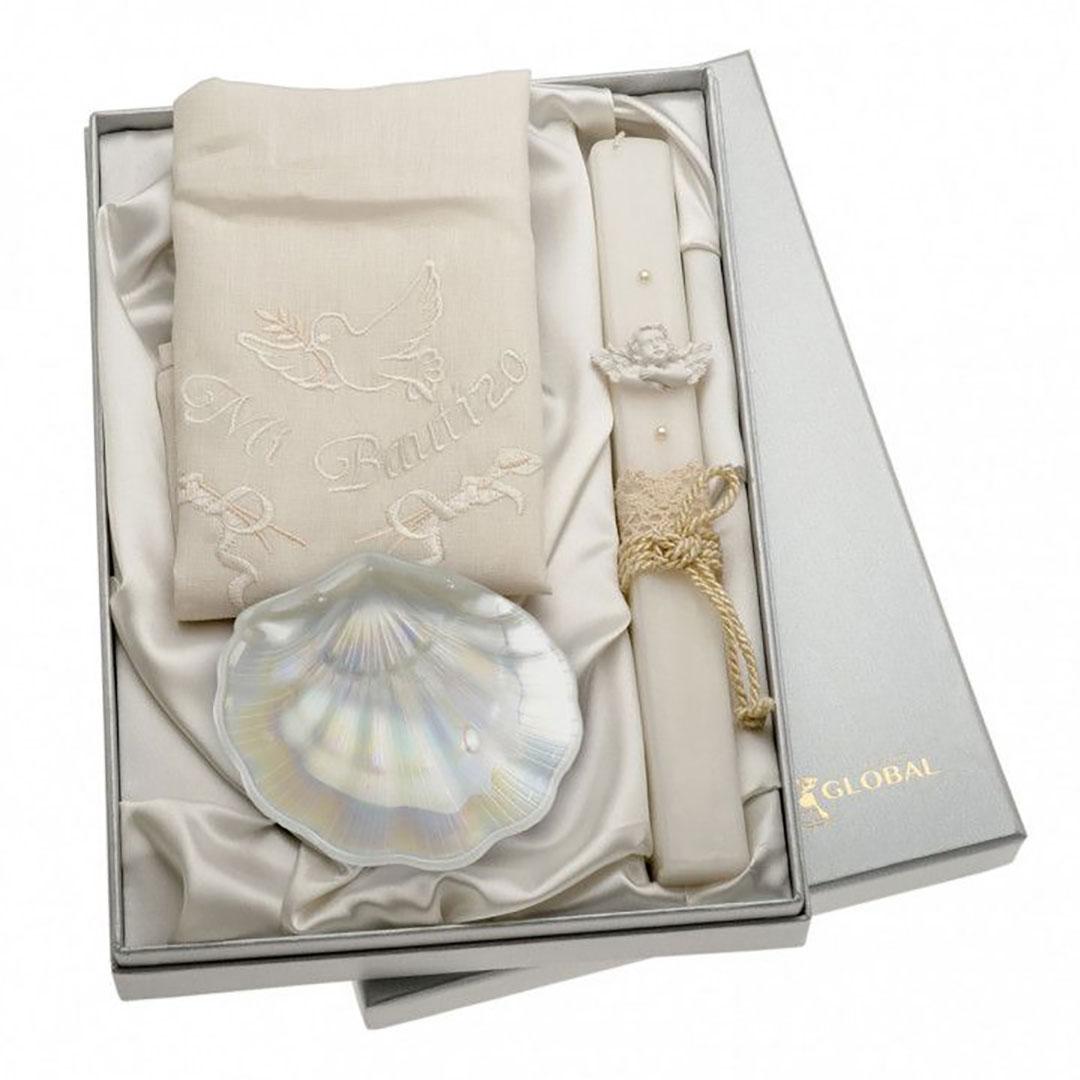 REGALO INFANTIL SET BAUTISMO CON VELA, CONCHA Y PAÑO GA1141C