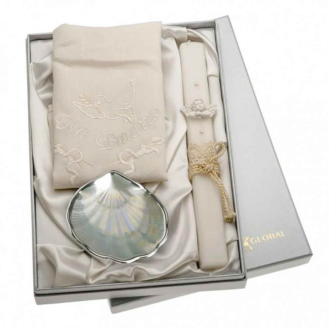 REGALO INFANTIL SET BAUTISMO CON VELA, CONCHA Y PAÑO GA1141C