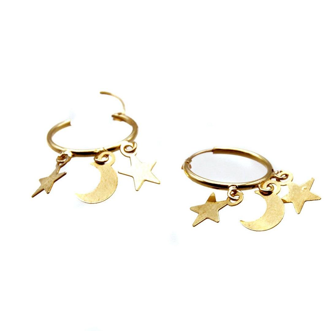 PENDIENTES ARO MUJER ORO 18K COLGANTES LUNA Y ESTRELLAS 5816