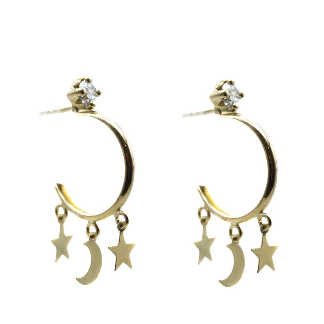 PENDIENTES SEMI ARO MUJER ORO 18K COLGANTES LUNA Y ESTRELLAS