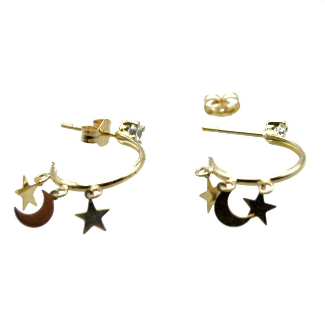 PENDIENTES SEMI ARO MUJER ORO 18K COLGANTES LUNA Y ESTRELLAS