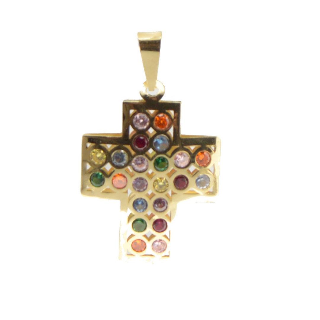 COLGANTE UNISEX ORO 18K CRUZ Y CIRCONITAS COLORES 222M